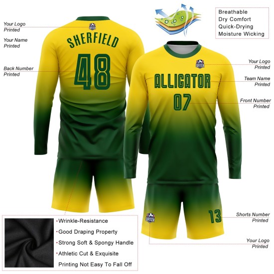 Sublimation Custom Fade Uniform Lange Mode Jersey Gold Ärmel Fußball Grün