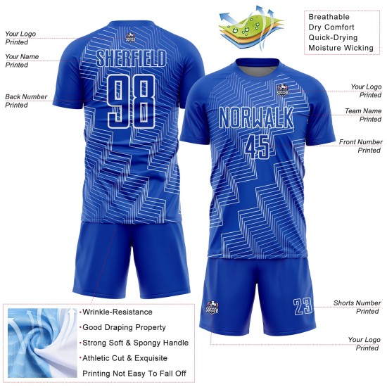 Blaue Uniform Weiß Benutzerdefinierte Form Sublimation Zickzack Jersey Soccer Thunder Blaue Uniform Weiß Benutzerdefinierte Form Sublimation Zickzack Jersey Soccer Thunder