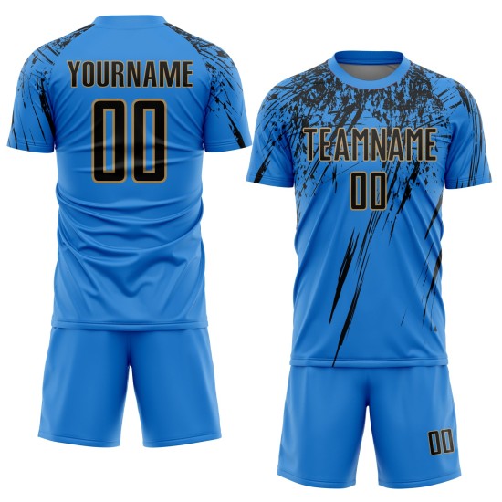 Benutzerdefinierte Sublimation Fußballuniform Pulver Gold Jersey Blau Schwarz-Alt Benutzerdefinierte Sublimation Fußballuniform Pulver Gold Jersey Blau Schwarz-Alt