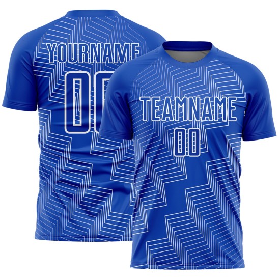 Blaue Uniform Weiß Benutzerdefinierte Form Sublimation Zickzack Jersey Soccer Thunder Blaue Uniform Weiß Benutzerdefinierte Form Sublimation Zickzack Jersey Soccer Thunder