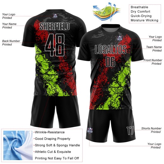 Jersey Sublimation Splatter Art Schwarz Uniform Tropfend Grün Rot-Neon Fußball Custom