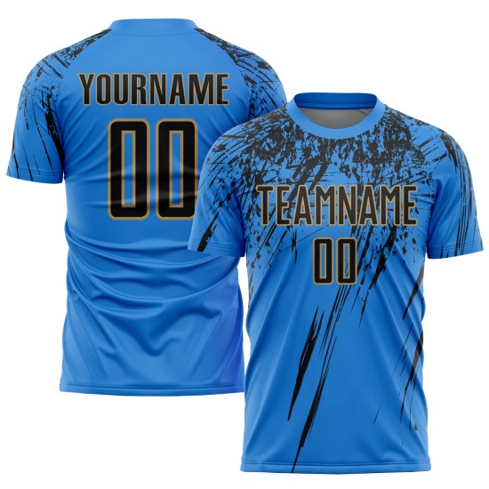 Benutzerdefinierte Sublimation Fußballuniform Pulver Gold Jersey Blau Schwarz-Alt Benutzerdefinierte Sublimation Fußballuniform Pulver Gold Jersey Blau Schwarz-Alt