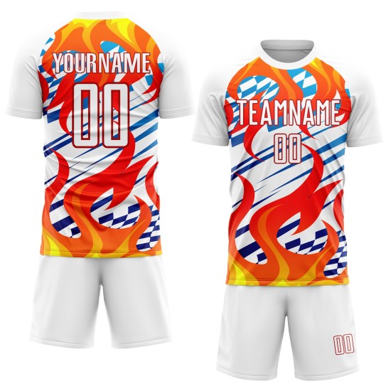Uniform Weiß Trikot Sublimation Fußball Flamme Custom Rot-Gold Uniform Weiß Trikot Sublimation Fußball Flamme Custom Rot-Gold