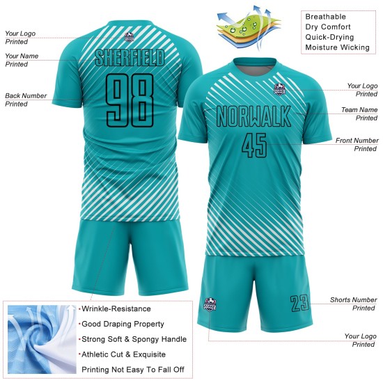 Aqua Sublimation Custom Jersey Uniform Schwarz Fußball Diagonale Linien Aqua Sublimation Custom Jersey Uniform Schwarz Fußball Diagonale Linien